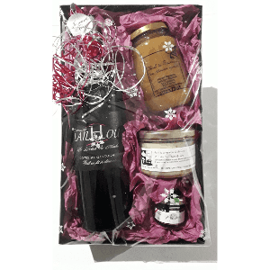 Panier cadeaux (Vin rouge accompagné de Miel, pâté porc noir et ail noir (crème25g)