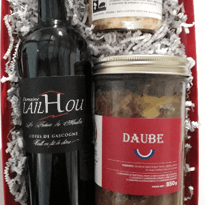 PANIER CADEAU MOYEN( trésor du moulin du Domaine Lailhou, un pâté de campagne de la Ferme de Bidache et une daube de Sébasti